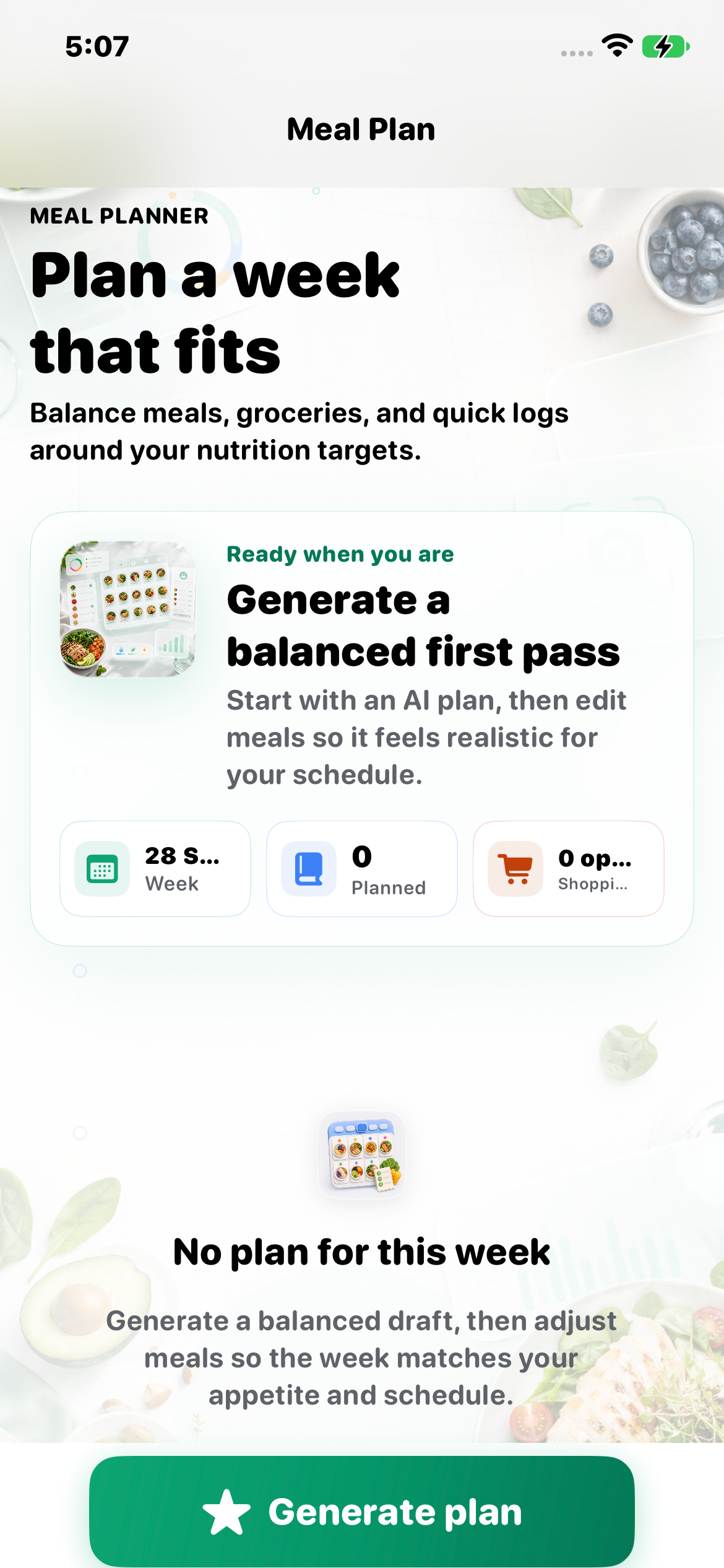 Actual TestFlight weekly meal planner on iPhone